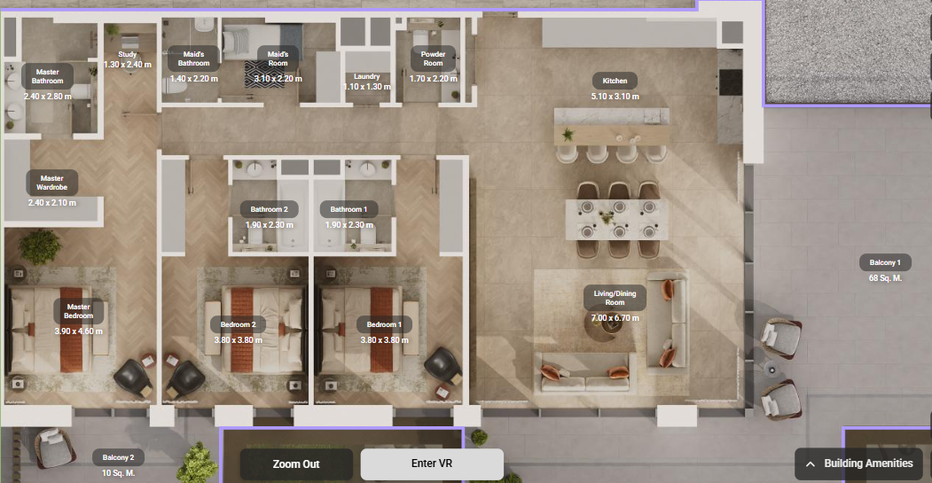 Virtual walkthrough of Sama Yas 3 bedroom with maid residence highlighting expansive layouts, family spaces, balcony, and sophisticated design details.