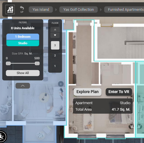 Yas Golf Collection studio apartment virtual tour thumbnail showing open living space and balcony.