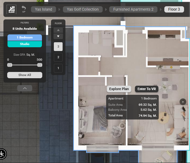 Yas Golf Collection 1 bedroom apartment virtual tour thumbnail with living area and bedroom view.