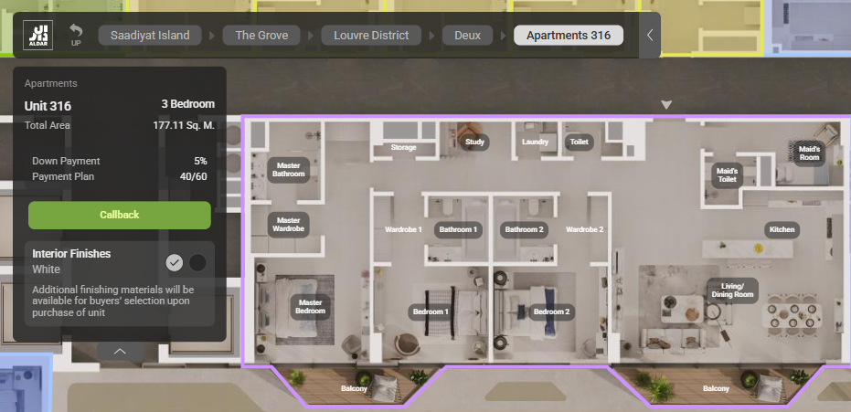 Louvre Abu Dhabi Residences 3 bedroom plus maid virtual tour on Saadiyat Island highlighting luxury interiors and lifestyle.