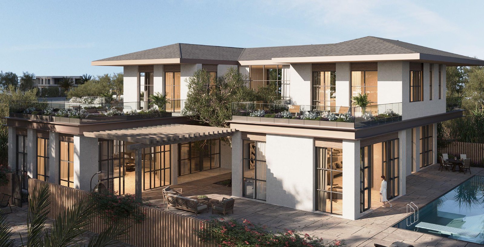 Facade of a 5 bedroom villa at Al Naseem Villas: modern contemporary architecture, clean lines, and choice of façade style.