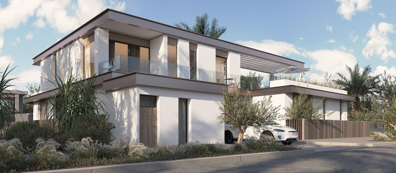 Interior view of a modern 5-bedroom villa at Al Naseem Villas, Hudayriyat — open-plan living room with natural light, stylish furniture, and a view of the terrace.