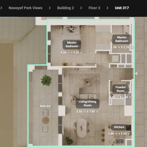 Interior view of a 1-bedroom apartment at Nawayef Park Views, Hudayriyat — bright open living area, balcony facing lush park, modern kitchen and natural light.